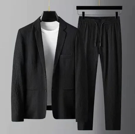 Spring Summer Fashion Suit Men Blazer Pants Stripe Pleats Long Sleeve Turndown Collar Jacket Drawstring Trousers for Wedding
