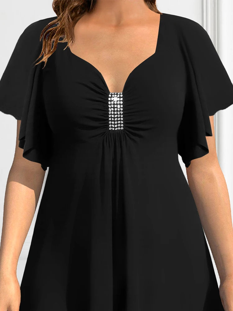 Women's Plus Size T shirt Short Sleeve Soft V-Neck Vintage Elegant Casual Sequined Ruched Summer Tee Tops for Female Girls