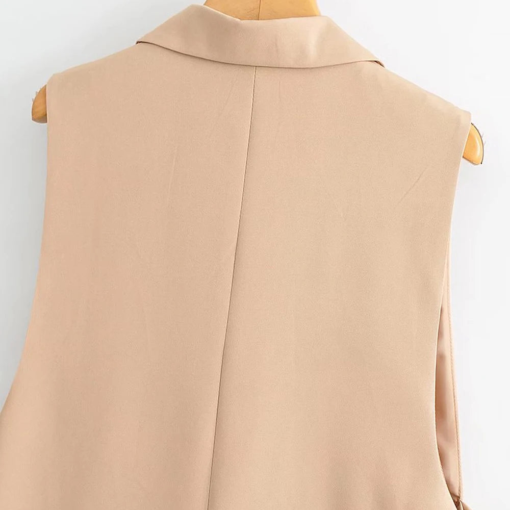 TRZA Women Fashion With Taps Side Vents Waistcoat Vintage Sleeveless Front Button Female Outerwear Chic Vest Tops
