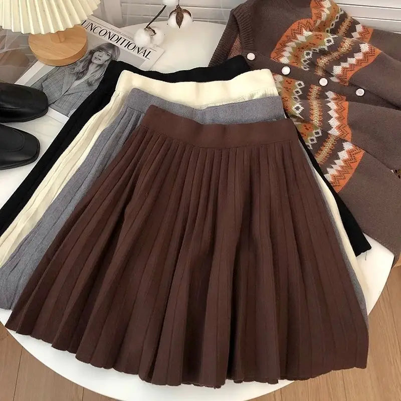 High Waist Mini Skirt Women Knitting Pleated A-line Thicken Loose Korean-style Hotsweet Girls Gentle Elegant Chic Leisure Solid