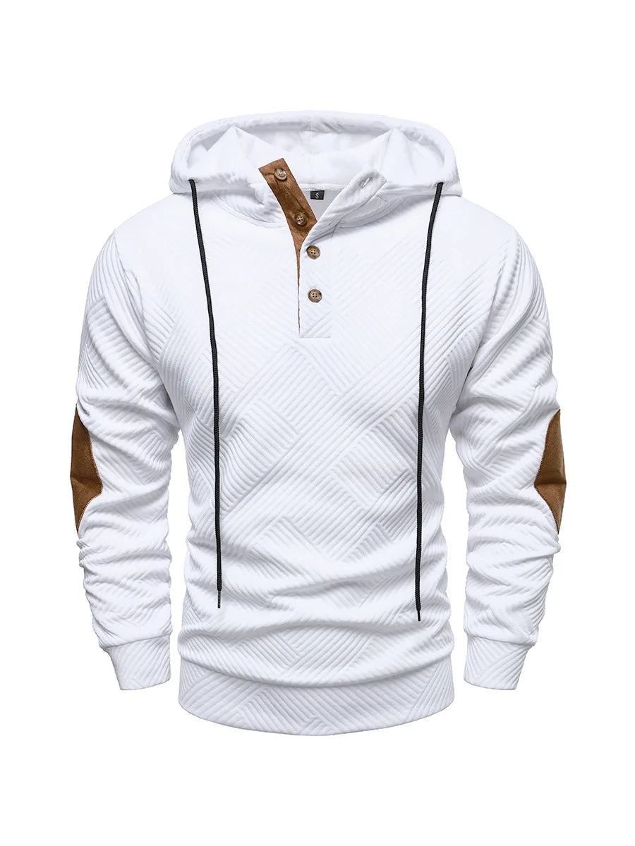 New Mens Fashion Pullover Hooded Long Sleeve Drawstring Button Sweatshirt Streetwear Texture Athletic Hiking Outdoor Jackets