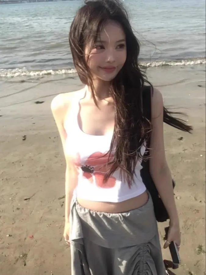 Retro Floral Print ter Top plus Slimming Pleated  Skirt Set Women's Summer Polyester Fiber Versatile Print ter Ne...