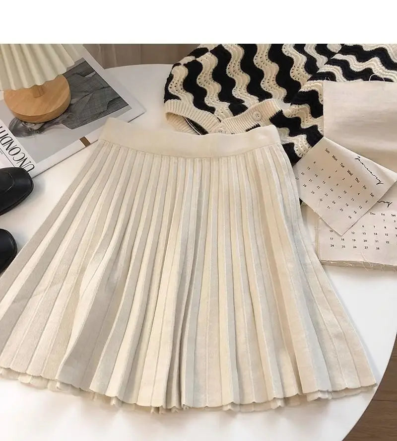 High Waist Mini Skirt Women Knitting Pleated A-line Thicken Loose Korean-style Hotsweet Girls Gentle Elegant Chic Leisure Solid