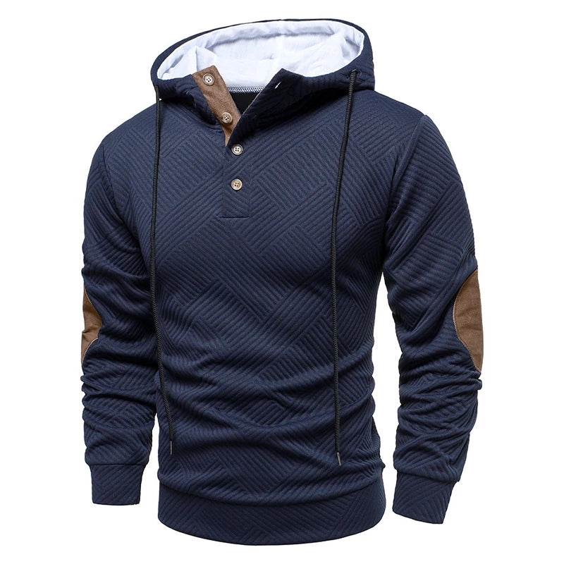 New Mens Fashion Pullover Hooded Long Sleeve Drawstring Button Sweatshirt Streetwear Texture Athletic Hiking Outdoor Jackets