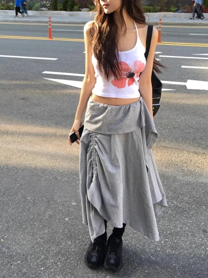 Retro Floral Print ter Top plus Slimming Pleated  Skirt Set Women's Summer Polyester Fiber Versatile Print ter Ne...