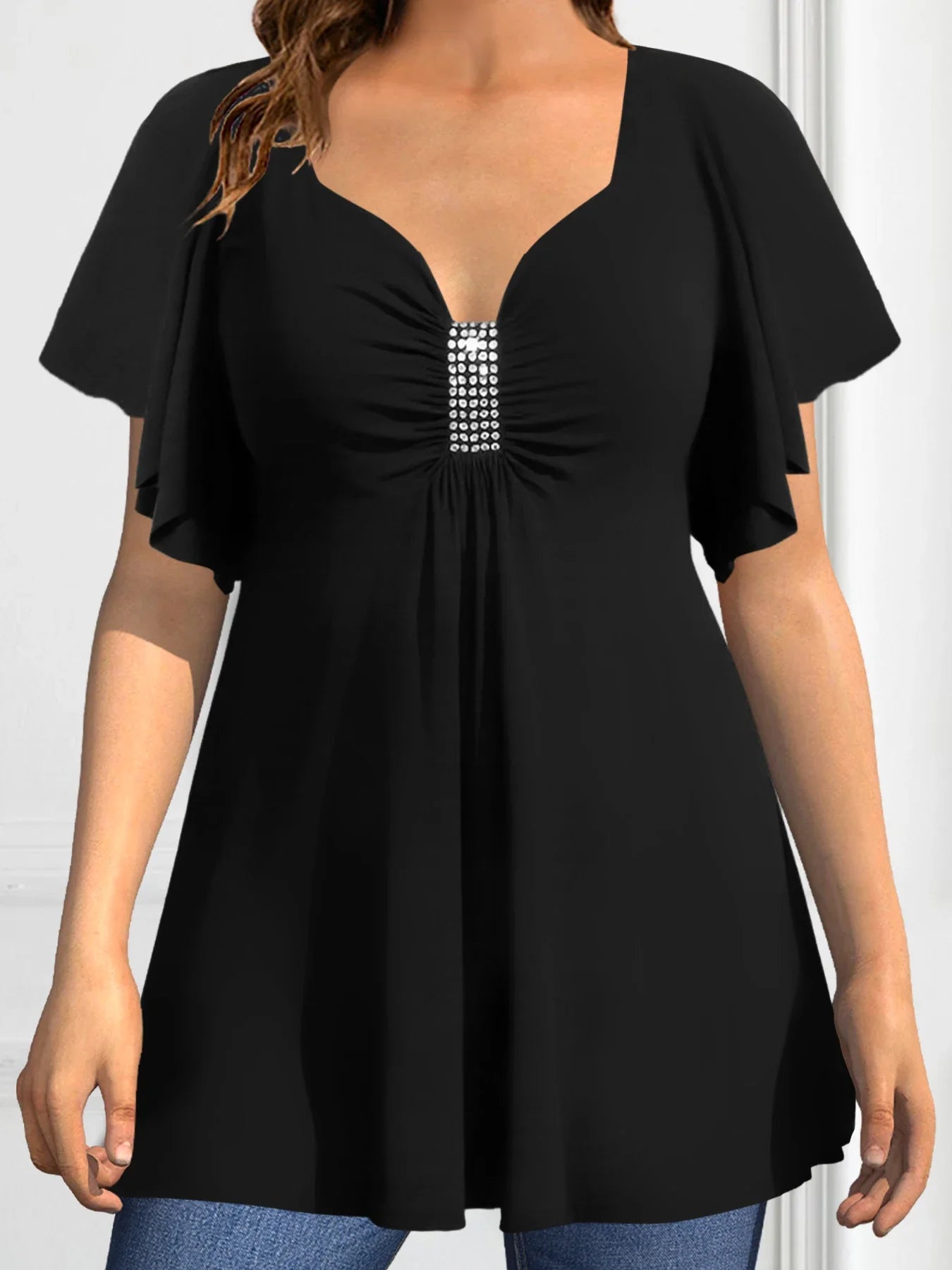 Women's Plus Size T shirt Short Sleeve Soft V-Neck Vintage Elegant Casual Sequined Ruched Summer Tee Tops for Female Girls