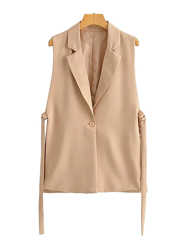 TRZA Women Fashion With Taps Side Vents Waistcoat Vintage Sleeveless Front Button Female Outerwear Chic Vest Tops