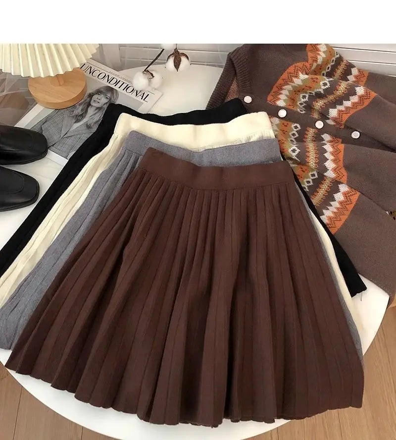 High Waist Mini Skirt Women Knitting Pleated A-line Thicken Loose Korean-style Hotsweet Girls Gentle Elegant Chic Leisure Solid