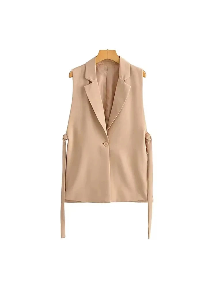 TRZA Women Fashion With Taps Side Vents Waistcoat Vintage Sleeveless Front Button Female Outerwear Chic Vest Tops