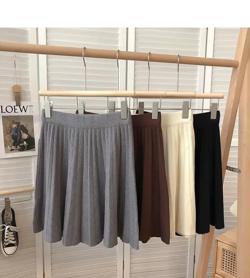 High Waist Mini Skirt Women Knitting Pleated A-line Thicken Loose Korean-style Hotsweet Girls Gentle Elegant Chic Leisure Solid