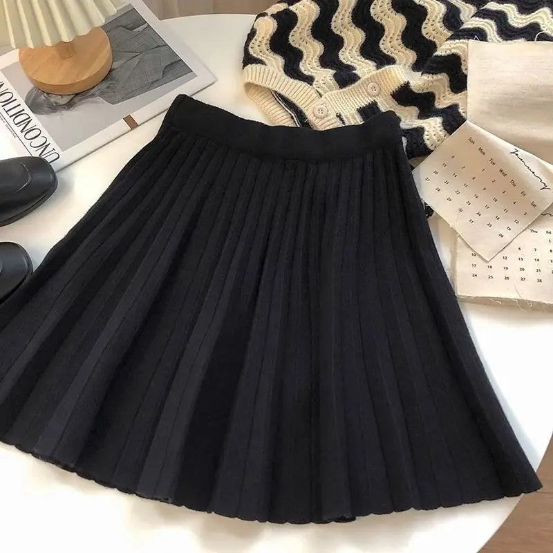 High Waist Mini Skirt Women Knitting Pleated A-line Thicken Loose Korean-style Hotsweet Girls Gentle Elegant Chic Leisure Solid