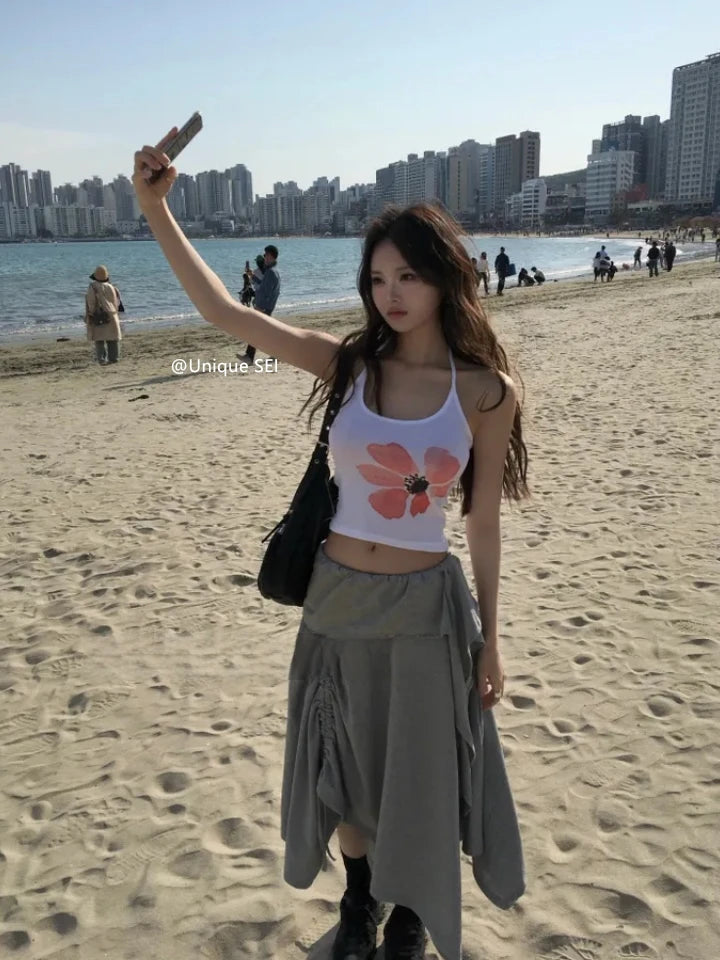 Retro Floral Print ter Top plus Slimming Pleated  Skirt Set Women's Summer Polyester Fiber Versatile Print ter Ne...