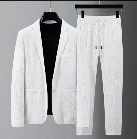 Spring Summer Fashion Suit Men Blazer Pants Stripe Pleats Long Sleeve Turndown Collar Jacket Drawstring Trousers for Wedding