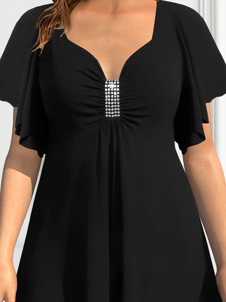 Women's Plus Size T shirt Short Sleeve Soft V-Neck Vintage Elegant Casual Sequined Ruched Summer Tee Tops for Female Girls