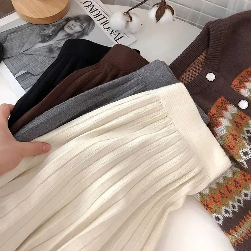 High Waist Mini Skirt Women Knitting Pleated A-line Thicken Loose Korean-style Hotsweet Girls Gentle Elegant Chic Leisure Solid