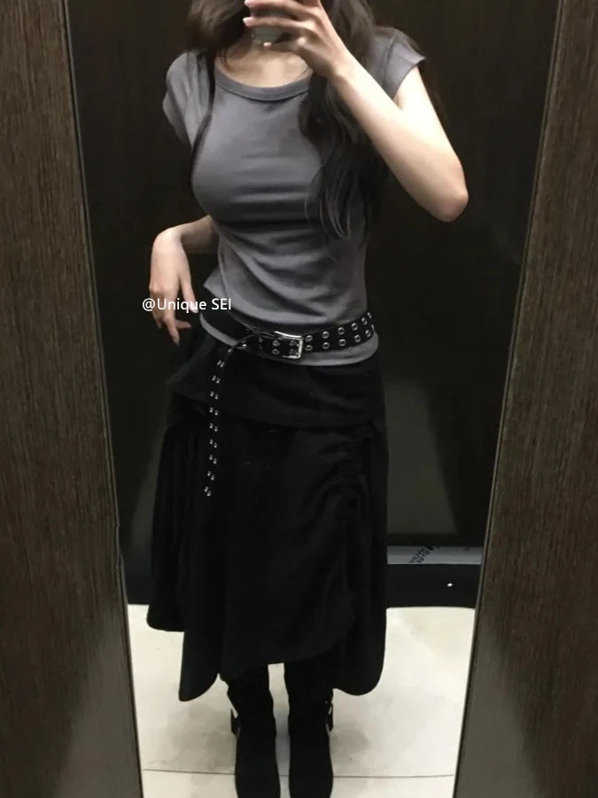 Retro Floral Print ter Top plus Slimming Pleated  Skirt Set Women's Summer Polyester Fiber Versatile Print ter Ne...