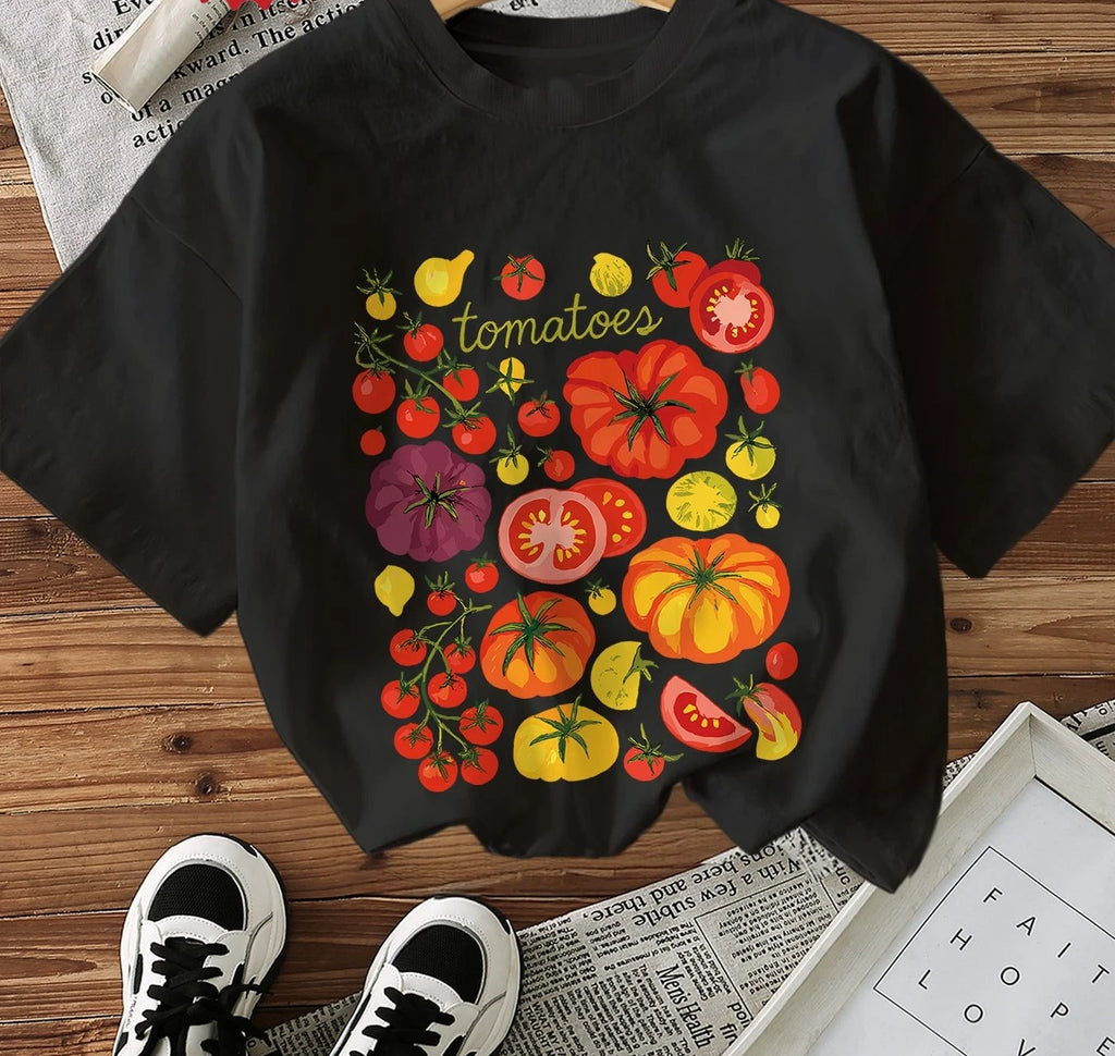 Women's Casual Short Sleeve Crew Neck T-Shirt Vibrant Tomato Vegetable Graphic Print Summer Comfort Fresh Style Woman Clothing