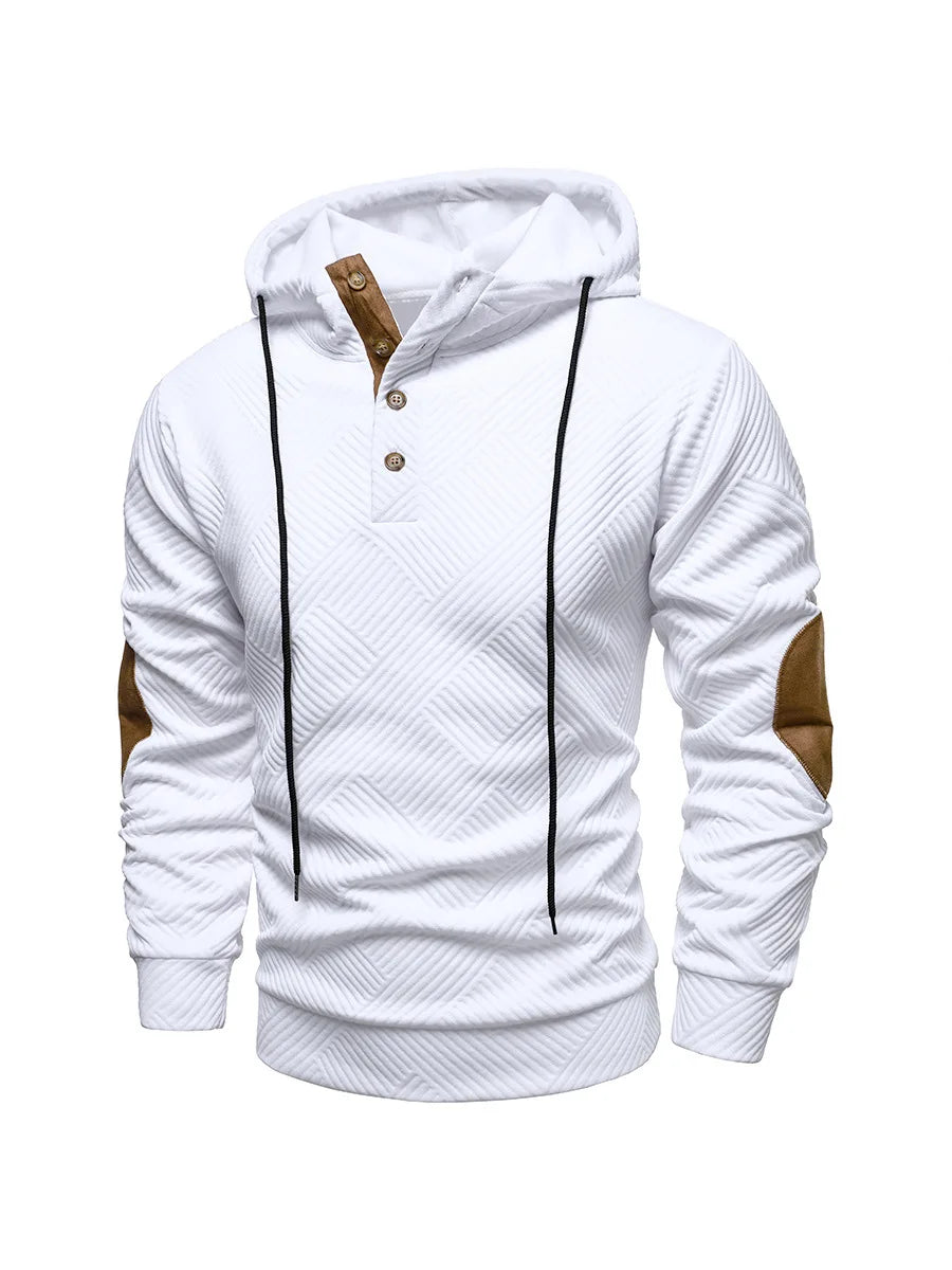 New Mens Fashion Pullover Hooded Long Sleeve Drawstring Button Sweatshirt Streetwear Texture Athletic Hiking Outdoor Jackets
