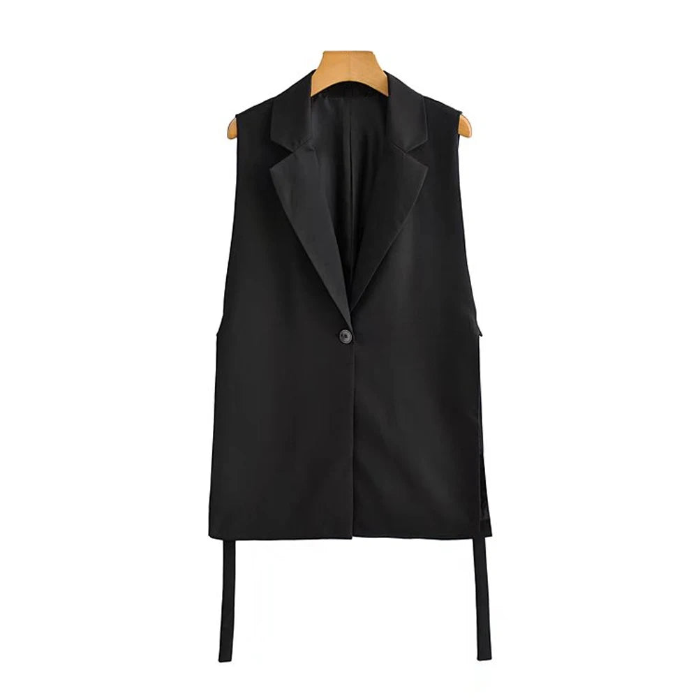 TRZA Women Fashion With Taps Side Vents Waistcoat Vintage Sleeveless Front Button Female Outerwear Chic Vest Tops