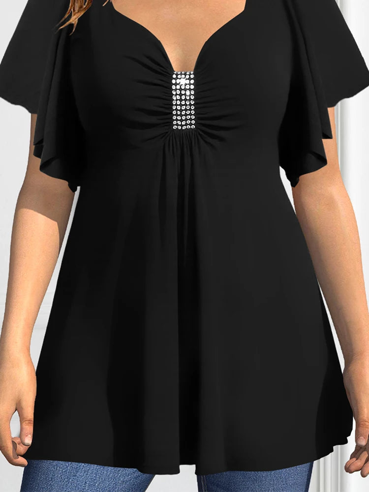 Women's Plus Size T shirt Short Sleeve Soft V-Neck Vintage Elegant Casual Sequined Ruched Summer Tee Tops for Female Girls