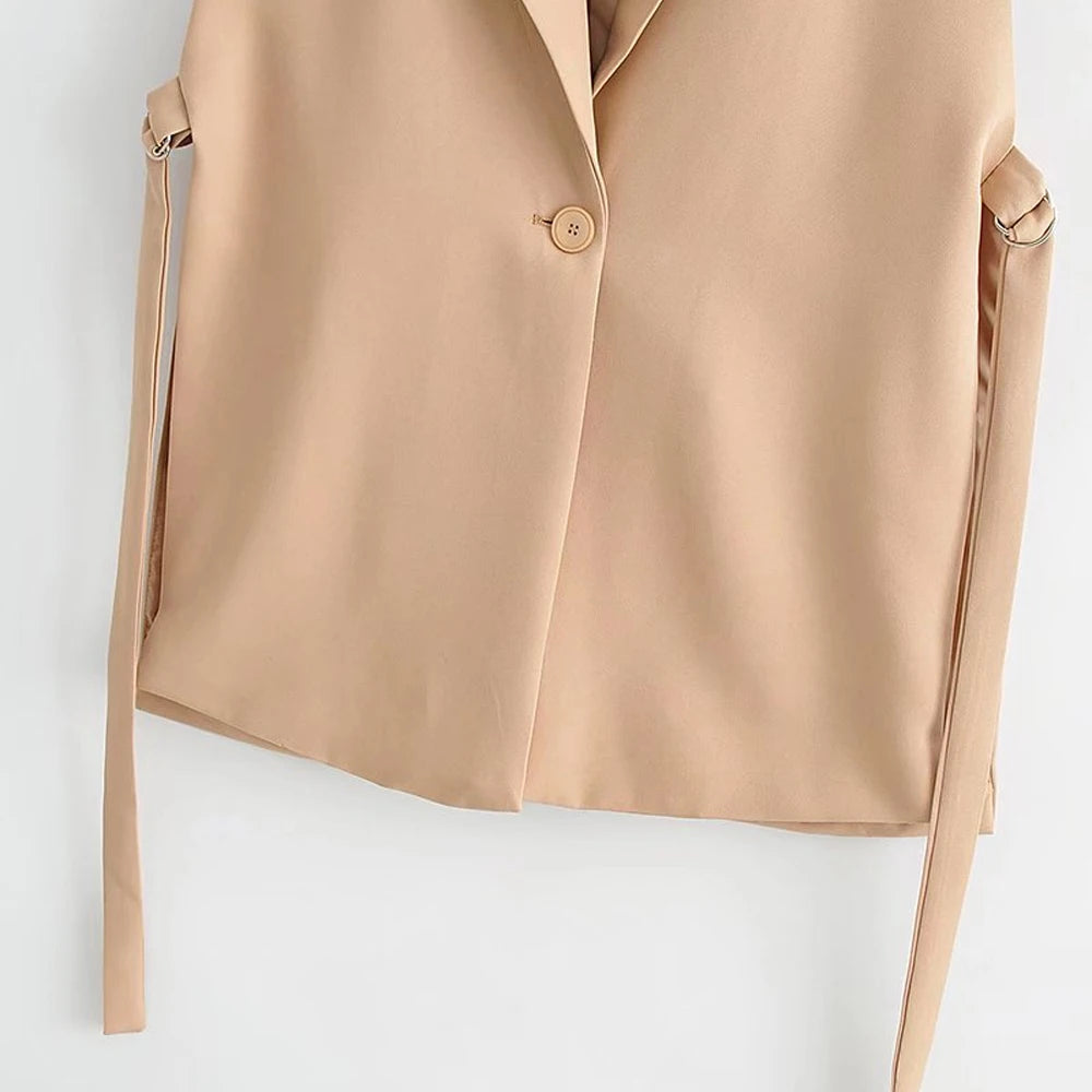 TRZA Women Fashion With Taps Side Vents Waistcoat Vintage Sleeveless Front Button Female Outerwear Chic Vest Tops