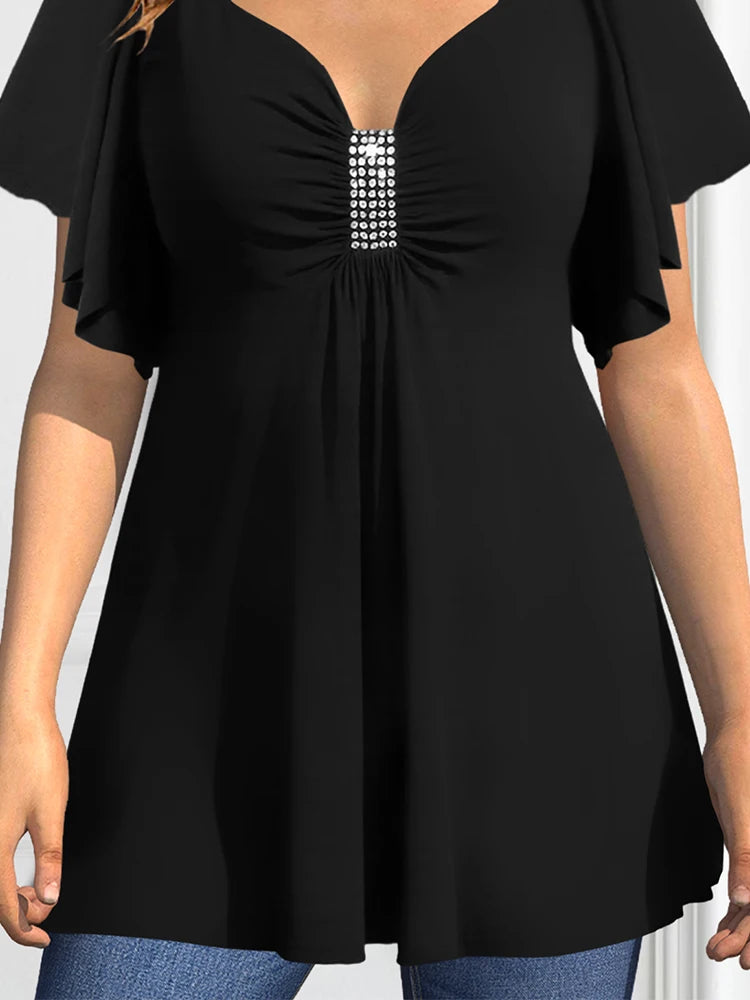 Women's Plus Size T shirt Short Sleeve Soft V-Neck Vintage Elegant Casual Sequined Ruched Summer Tee Tops for Female Girls