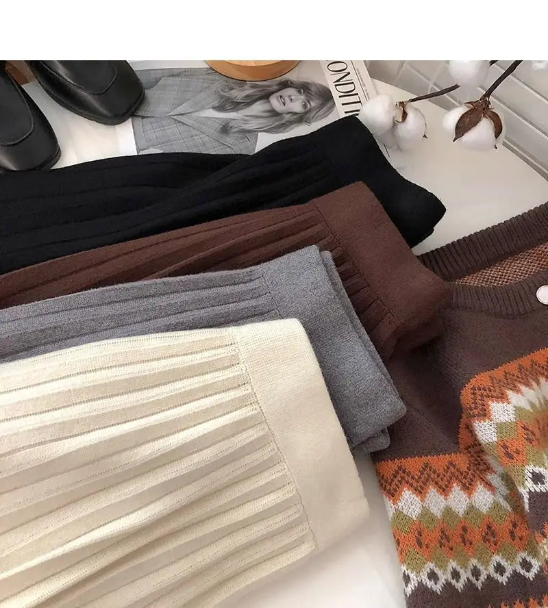 High Waist Mini Skirt Women Knitting Pleated A-line Thicken Loose Korean-style Hotsweet Girls Gentle Elegant Chic Leisure Solid