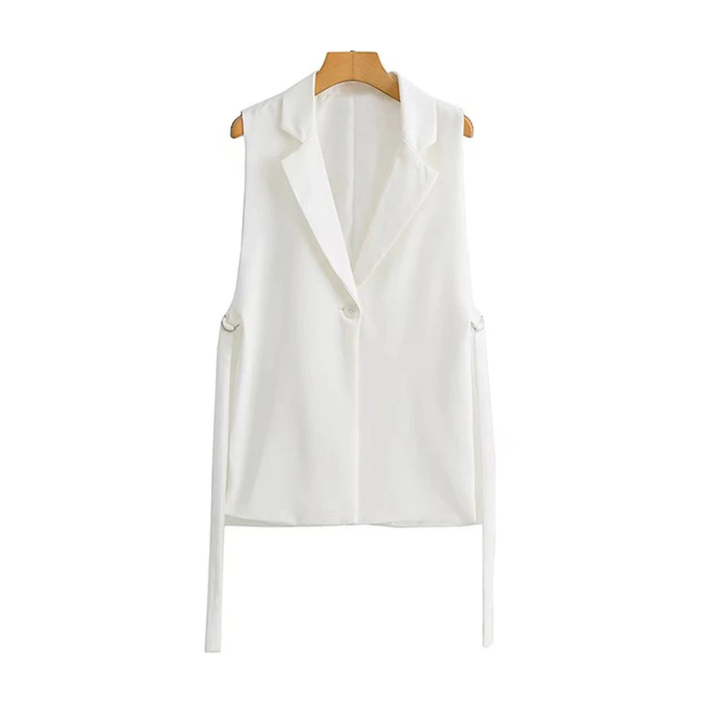 TRZA Women Fashion With Taps Side Vents Waistcoat Vintage Sleeveless Front Button Female Outerwear Chic Vest Tops