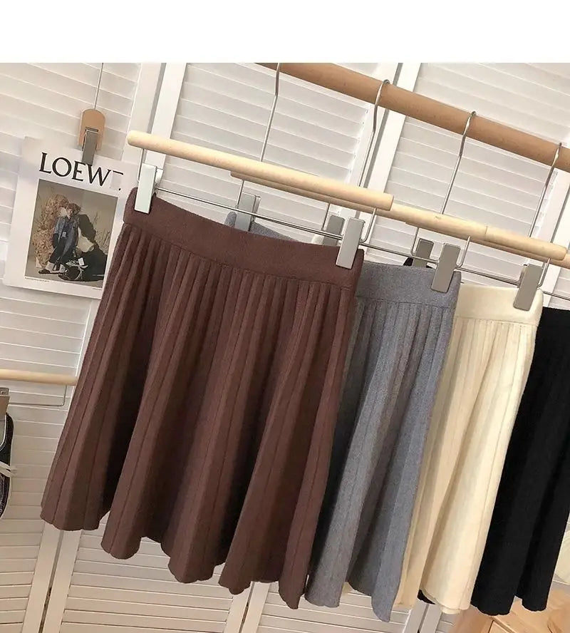 High Waist Mini Skirt Women Knitting Pleated A-line Thicken Loose Korean-style Hotsweet Girls Gentle Elegant Chic Leisure Solid