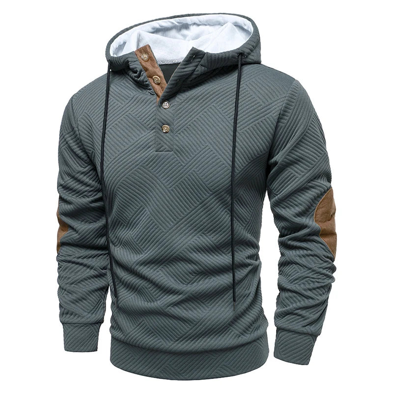 New Mens Fashion Pullover Hooded Long Sleeve Drawstring Button Sweatshirt Streetwear Texture Athletic Hiking Outdoor Jackets