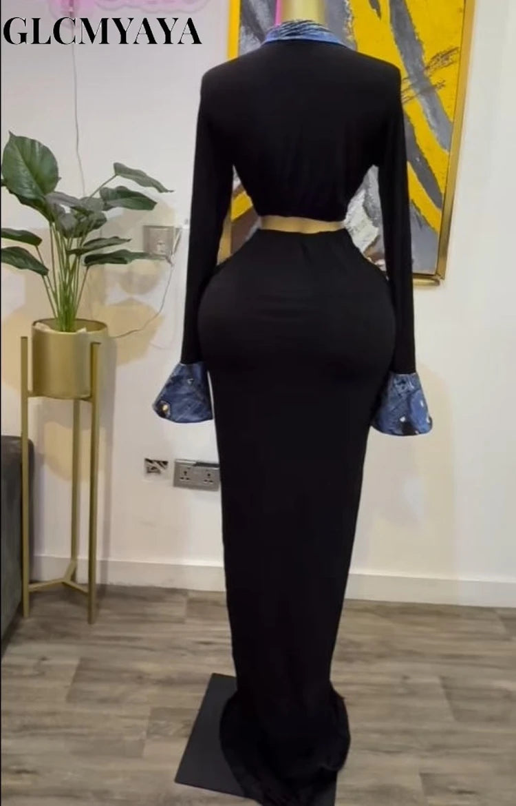 GLCMYAYA Women Denim Print Flare Long Sleeve Single Breasted Ruched Bodycon Maxi Long Dress 2025 Vacation Party Birthday Dresses