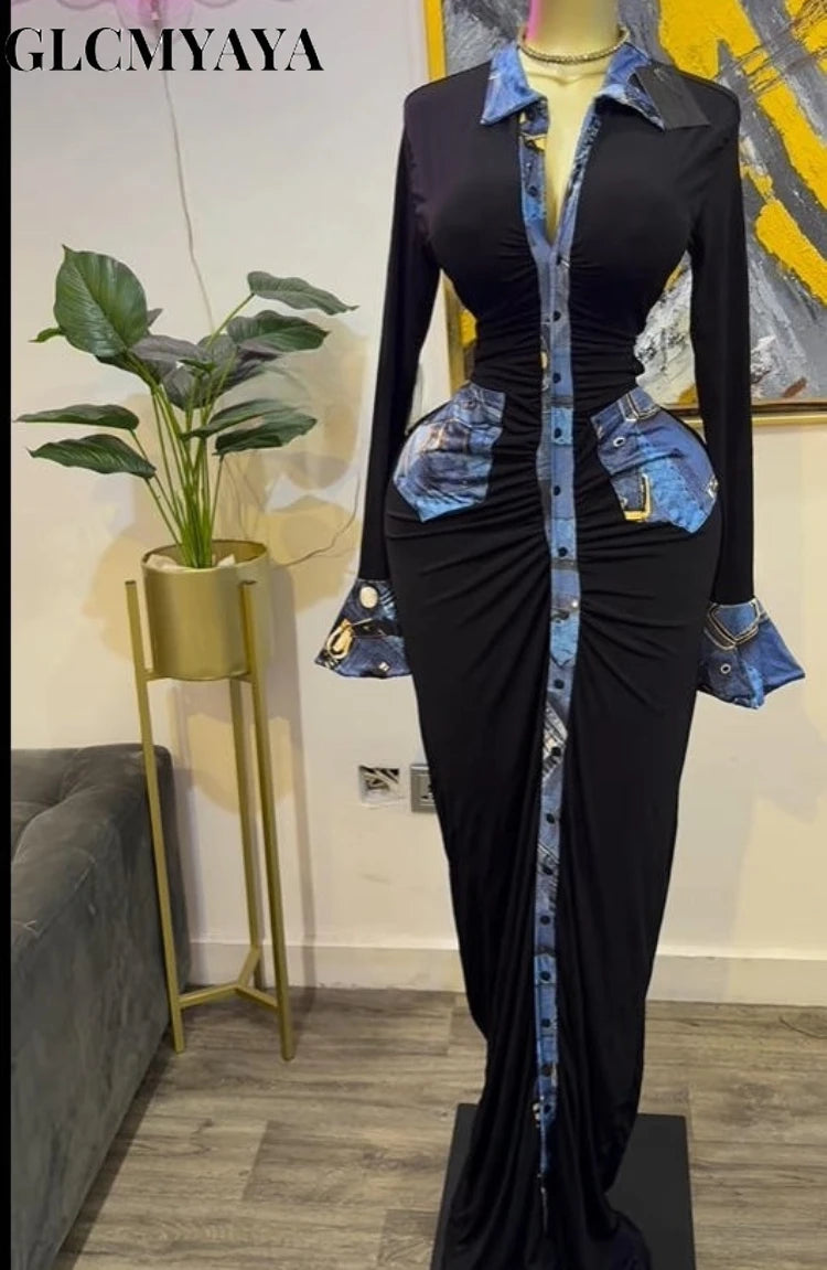 GLCMYAYA Women Denim Print Flare Long Sleeve Single Breasted Ruched Bodycon Maxi Long Dress 2025 Vacation Party Birthday Dresses