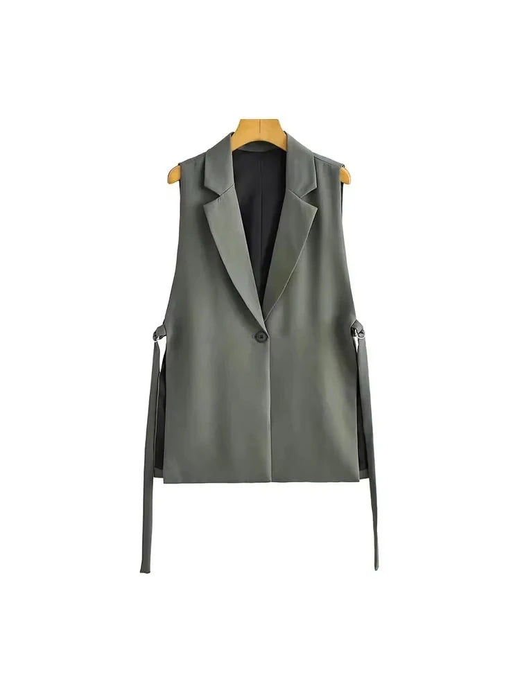 TRZA Women Fashion With Taps Side Vents Waistcoat Vintage Sleeveless Front Button Female Outerwear Chic Vest Tops