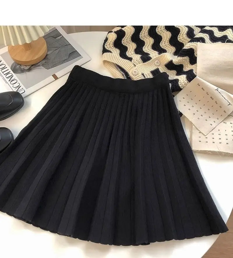 High Waist Mini Skirt Women Knitting Pleated A-line Thicken Loose Korean-style Hotsweet Girls Gentle Elegant Chic Leisure Solid
