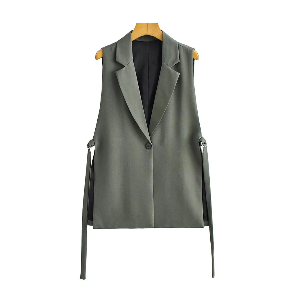 TRZA Women Fashion With Taps Side Vents Waistcoat Vintage Sleeveless Front Button Female Outerwear Chic Vest Tops