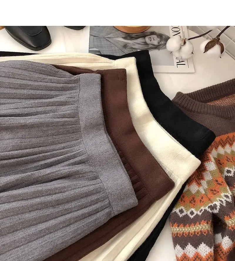 High Waist Mini Skirt Women Knitting Pleated A-line Thicken Loose Korean-style Hotsweet Girls Gentle Elegant Chic Leisure Solid