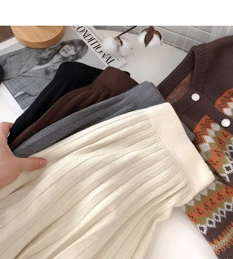 High Waist Mini Skirt Women Knitting Pleated A-line Thicken Loose Korean-style Hotsweet Girls Gentle Elegant Chic Leisure Solid