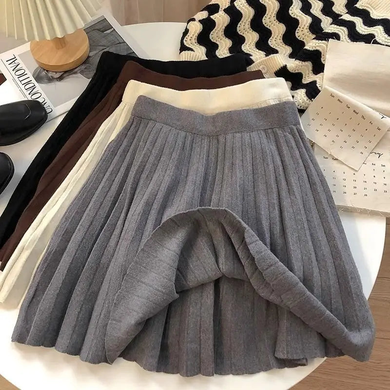 High Waist Mini Skirt Women Knitting Pleated A-line Thicken Loose Korean-style Hotsweet Girls Gentle Elegant Chic Leisure Solid