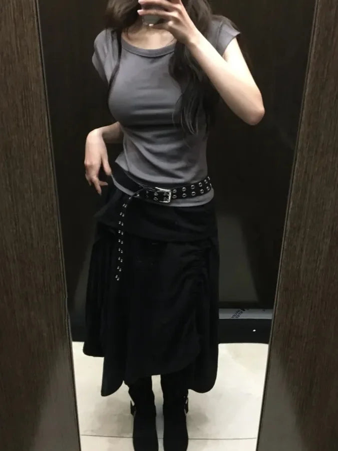 Retro Floral Print ter Top plus Slimming Pleated  Skirt Set Women's Summer Polyester Fiber Versatile Print ter Ne...