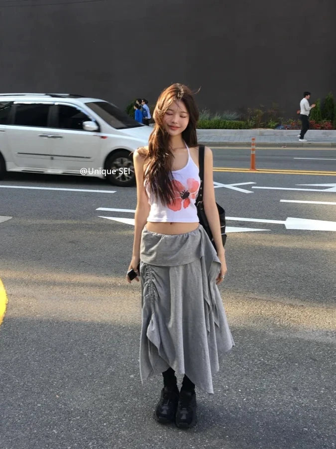 Retro Floral Print ter Top plus Slimming Pleated  Skirt Set Women's Summer Polyester Fiber Versatile Print ter Ne...