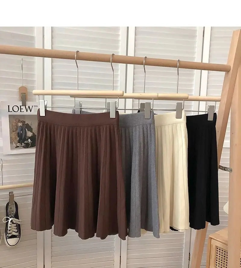 High Waist Mini Skirt Women Knitting Pleated A-line Thicken Loose Korean-style Hotsweet Girls Gentle Elegant Chic Leisure Solid