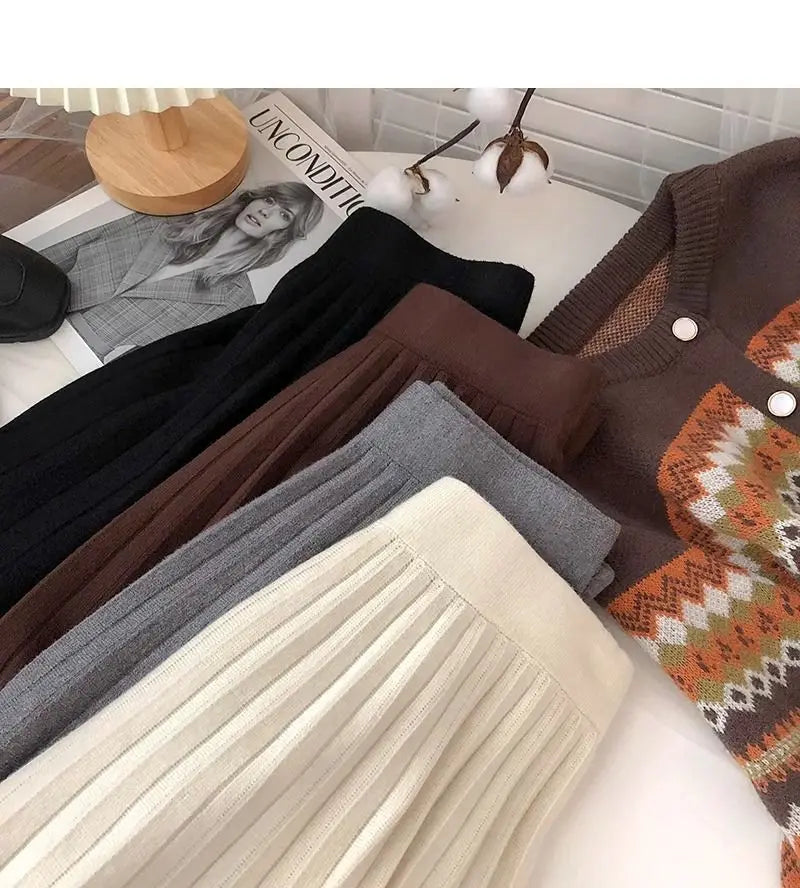 High Waist Mini Skirt Women Knitting Pleated A-line Thicken Loose Korean-style Hotsweet Girls Gentle Elegant Chic Leisure Solid