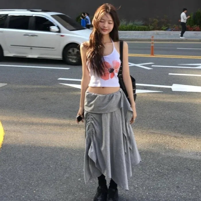 Retro Floral Print ter Top plus Slimming Pleated  Skirt Set Women's Summer Polyester Fiber Versatile Print ter Ne...