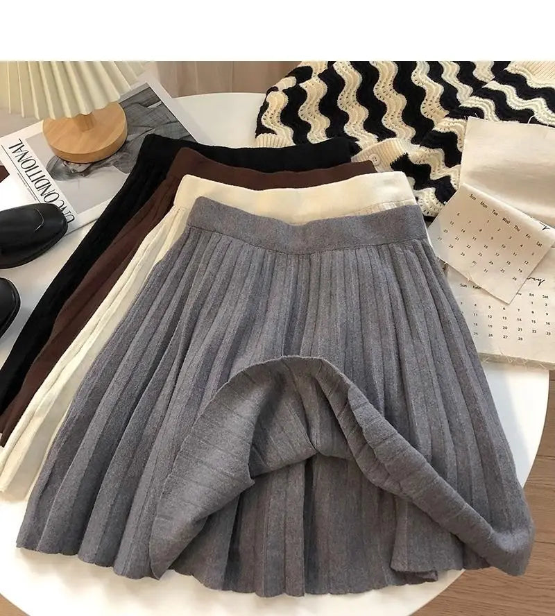 High Waist Mini Skirt Women Knitting Pleated A-line Thicken Loose Korean-style Hotsweet Girls Gentle Elegant Chic Leisure Solid