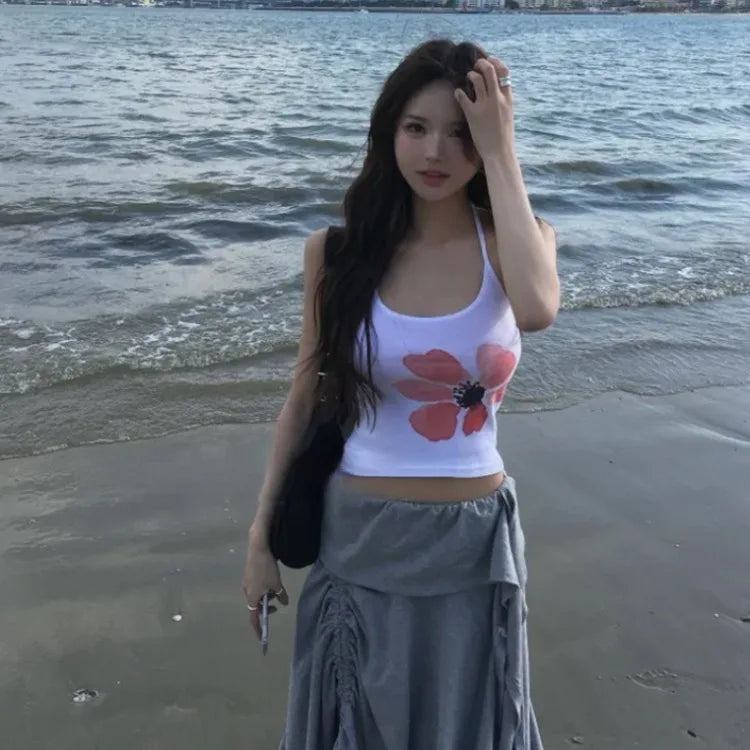 Retro Floral Print ter Top plus Slimming Pleated  Skirt Set Women's Summer Polyester Fiber Versatile Print ter Ne...