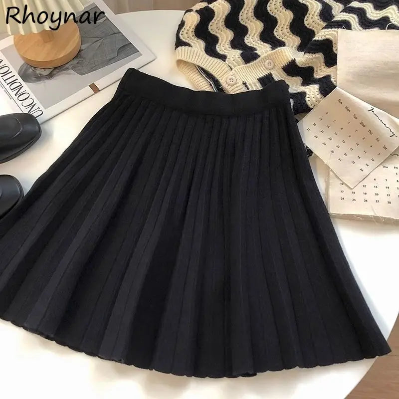 High Waist Mini Skirt Women Knitting Pleated A-line Thicken Loose Korean-style Hotsweet Girls Gentle Elegant Chic Leisure Solid