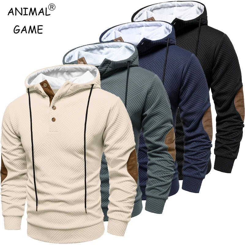 New Mens Fashion Pullover Hooded Long Sleeve Drawstring Button Sweatshirt Streetwear Texture Athletic Hiking Outdoor Jackets