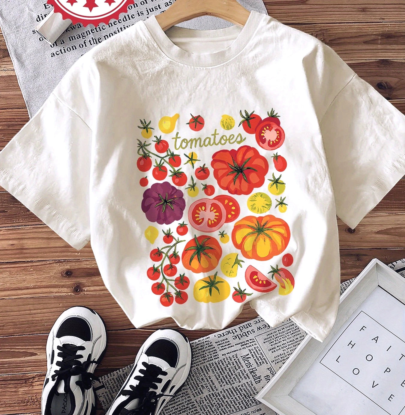Women's Casual Short Sleeve Crew Neck T-Shirt Vibrant Tomato Vegetable Graphic Print Summer Comfort Fresh Style Woman Clothing