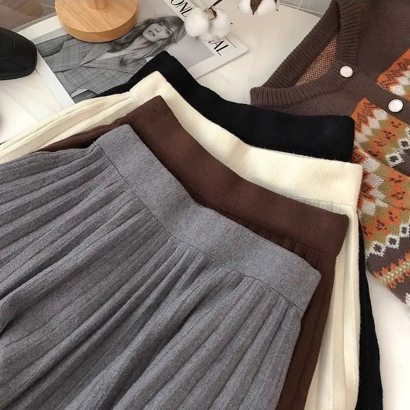 High Waist Mini Skirt Women Knitting Pleated A-line Thicken Loose Korean-style Hotsweet Girls Gentle Elegant Chic Leisure Solid