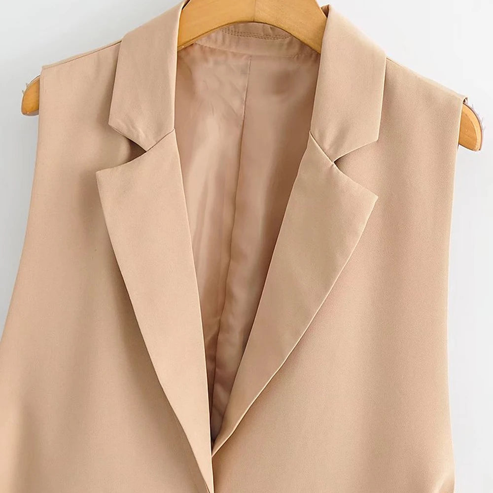 TRZA Women Fashion With Taps Side Vents Waistcoat Vintage Sleeveless Front Button Female Outerwear Chic Vest Tops